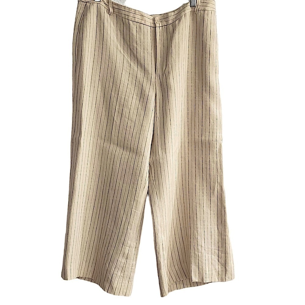 Lauren Ralph Lauren Cream and Brown Pinstripe Cropped Linen Pants Size 14